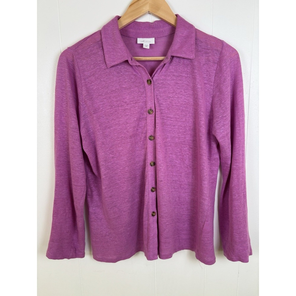 J Jill Love Linen Petite XS Purple Button Down Long Sleeve 100% Linen Knit Top